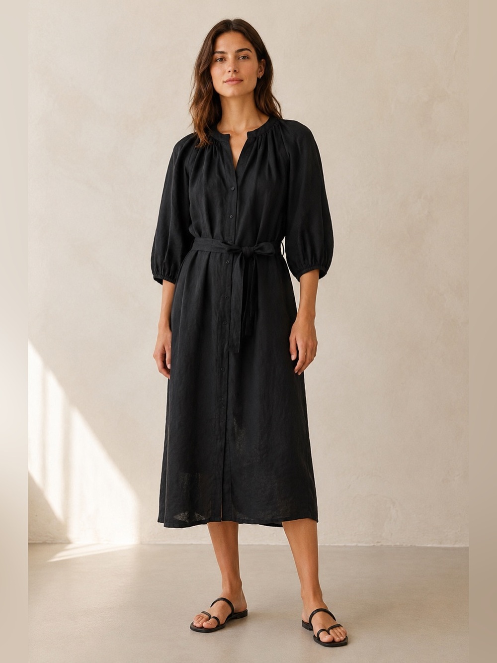 APIECE APART Mitte Black Linen Button-Front Belted Midi Shift Dress Size 0